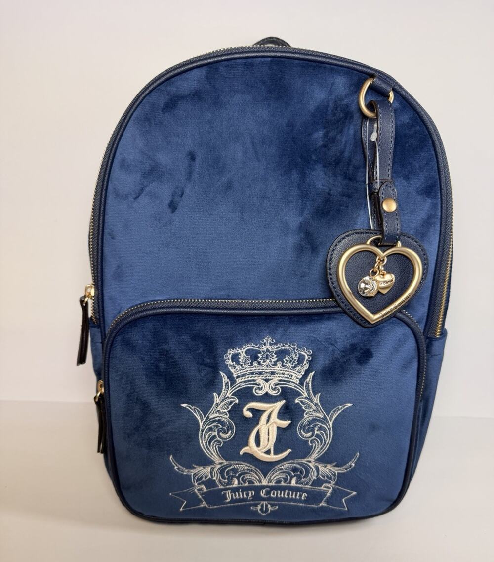 Juicy Couture Blue Logo Embroidered Backpack w/ Heart Charm, Zip, Pockets